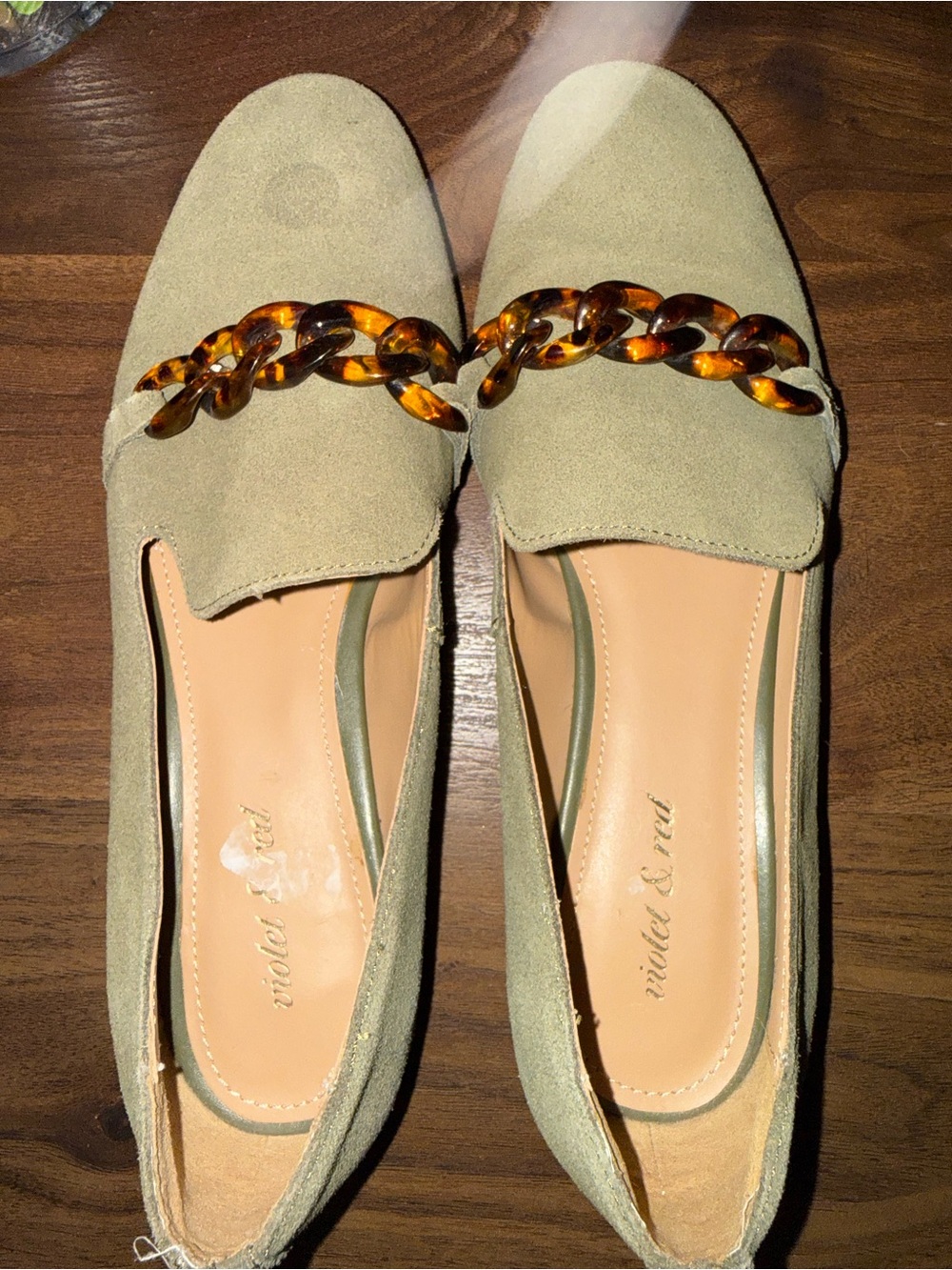Suede Chain-Trim Loafers in Olive Green